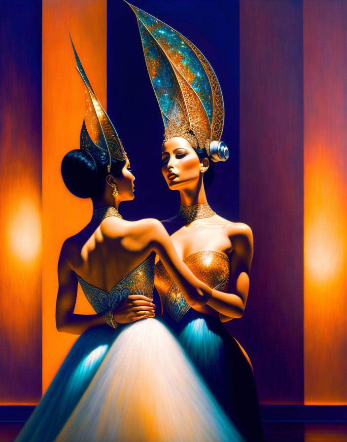 Stylized figures in gold and blue costumes against warm gradient backdrop