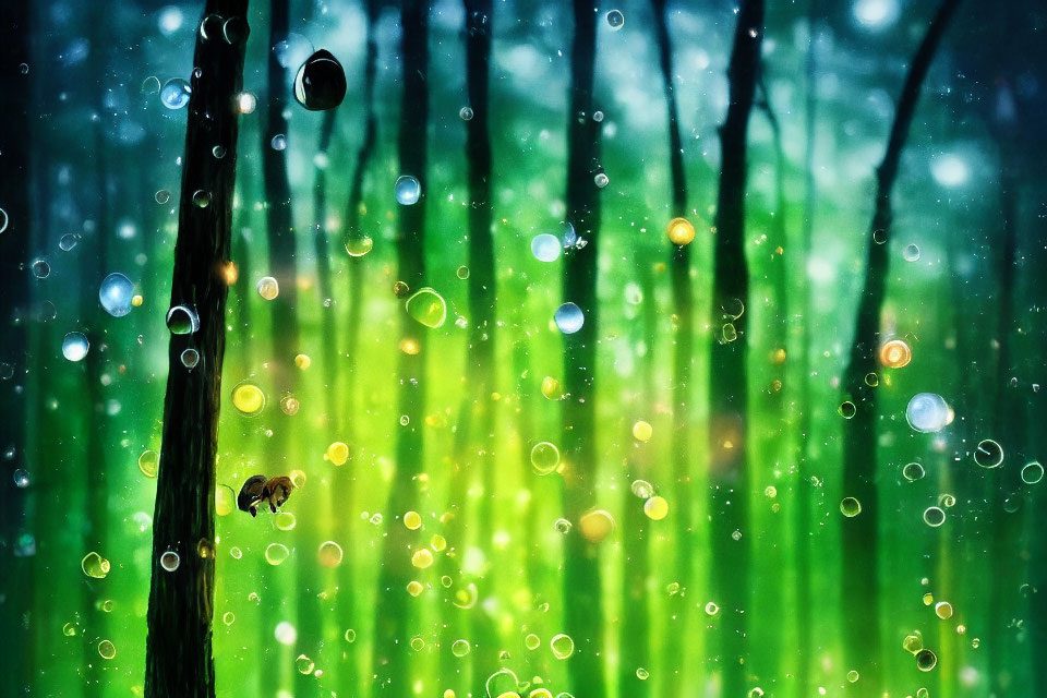 Mystical forest scene with vibrant green hues and sparkling lights