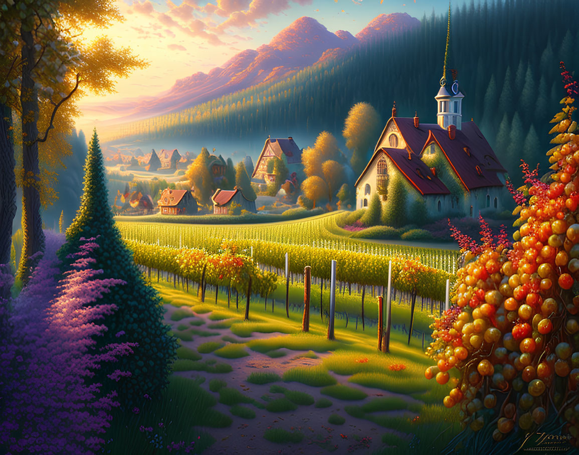 Scenic sunset landscape with village, church, vineyards, and mountains