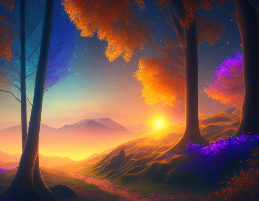 Digital artwork: Vibrant sunset over rolling hills with colorful trees under starry sky