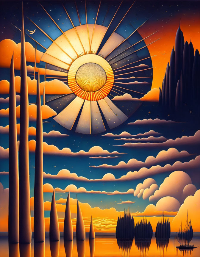 Vibrant sunset art with large sun, columns, clouds, lake, trees, sailboats