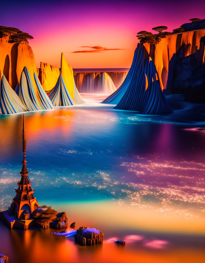 Colorful Rock Formations, Waterfalls, River, and Castle in Sunset Fantasy Landscape