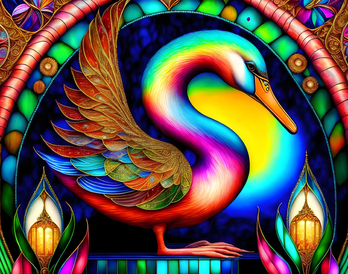 Colorful Digital Art: Stylized Swan with Rainbow Feathers