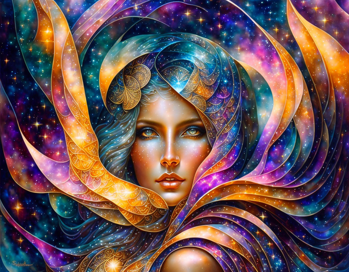 Digital painting of cosmic woman with swirling hair and golden patterns