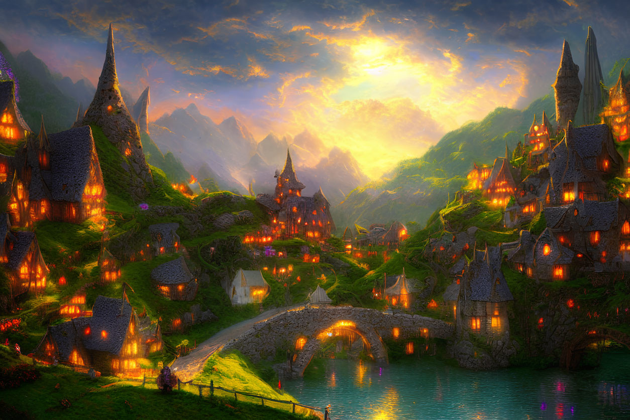 Fantasy village with illuminated houses in mountainous landscape at dusk