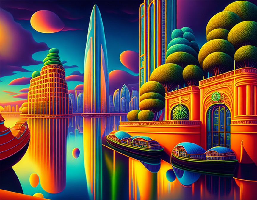 Colorful Stylized Cityscape with Surreal Sky and Orbs