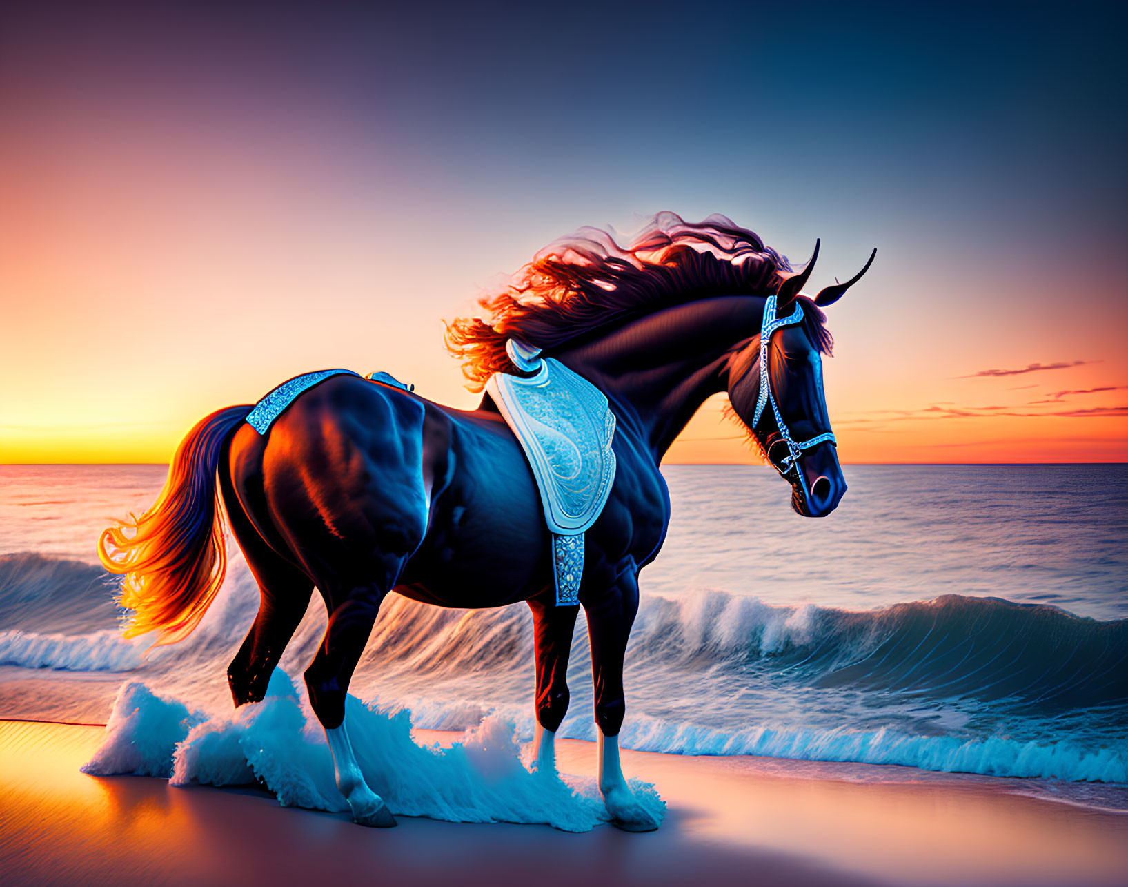 Majestic horse with flowing mane on beach at sunset