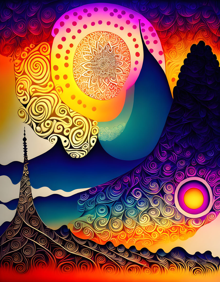 Colorful Abstract Art: Warm to Cool Gradient with Mandala, Swirls, Waves, and