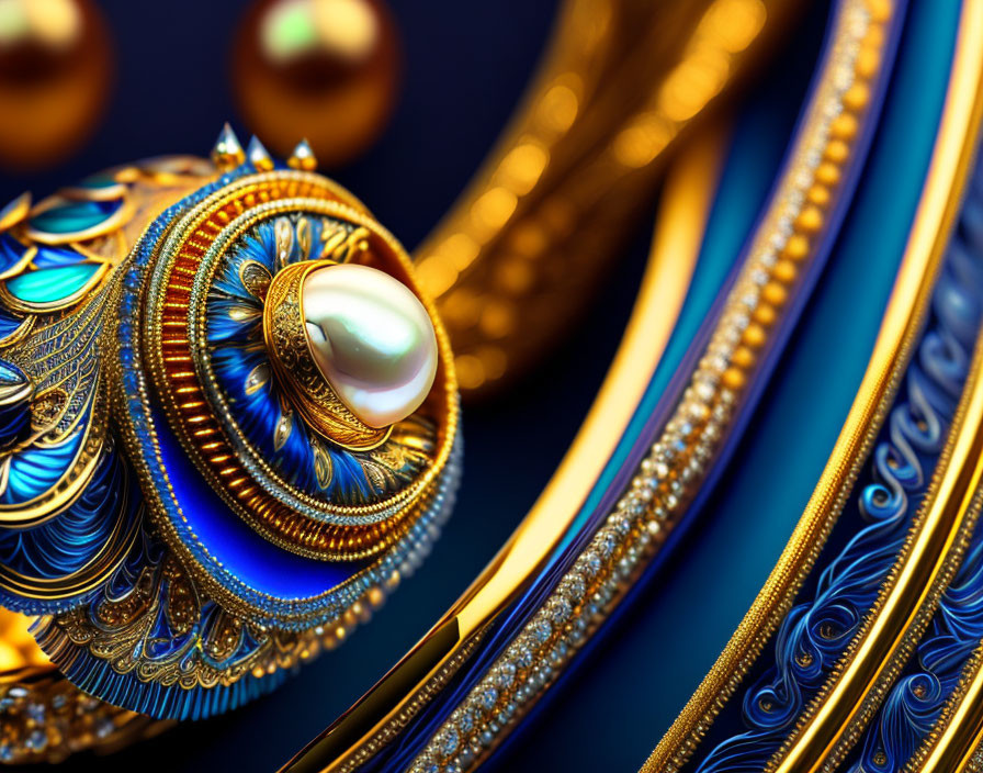 Ornate golden jewelry with blue patterns and pearl on deep blue background