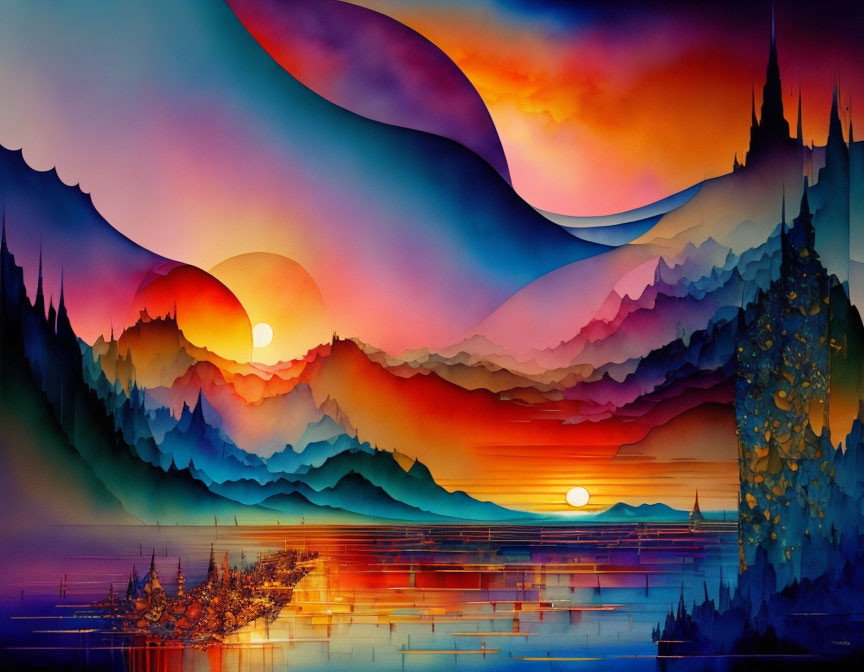 Colorful Mountain Landscape Sunset Reflection Painting