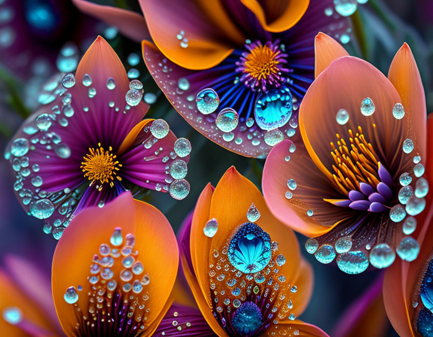 Orange and Purple Flowers with Dewdrops on Delicate Petals and Stamens