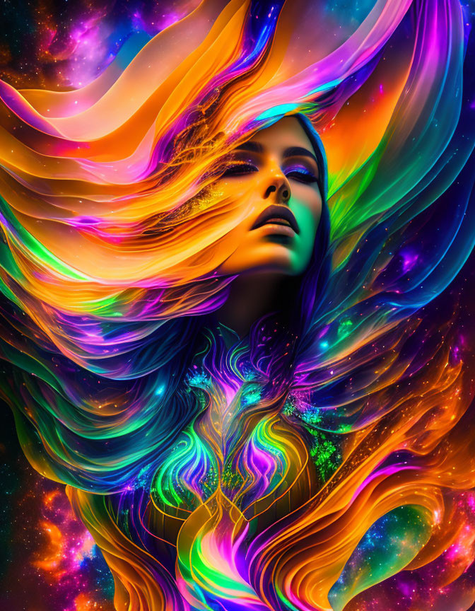 Multicolored hair woman in cosmic galaxy background