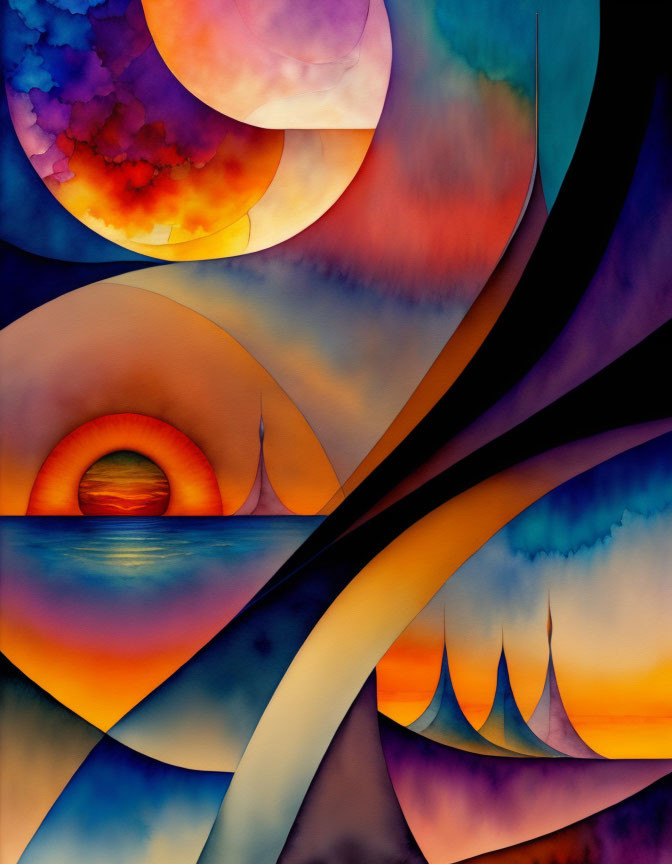 Abstract painting with warm tones, moons, water, and surreal sky