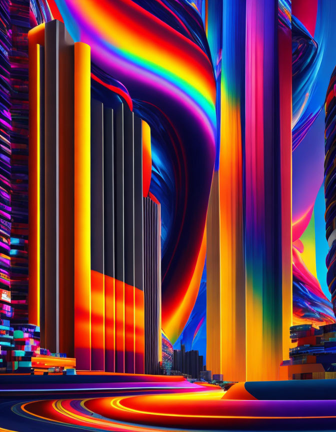 Colorful digital artwork: Fluid shapes around dark skyscrapers