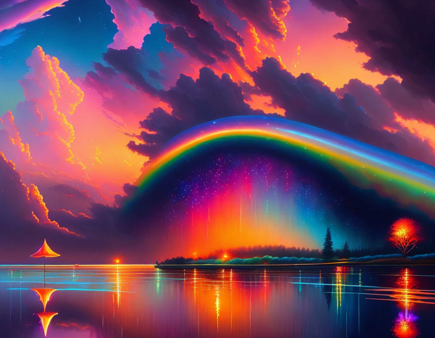 Scenic landscape with vivid rainbow, calm lake, colorful clouds, and glowing tree