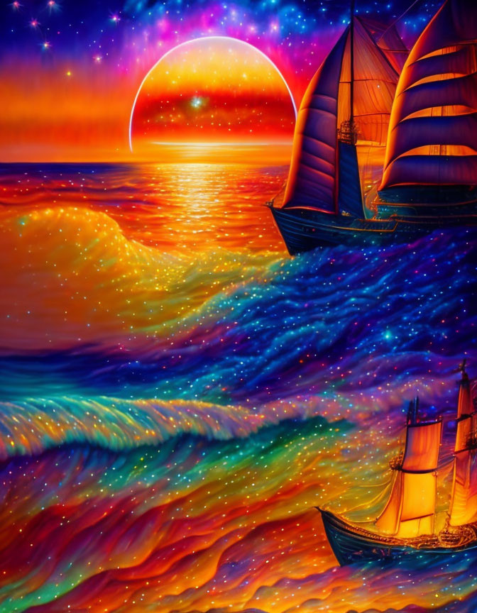 Colorful Artwork: Two Sailing Ships on Blended Sea and Sky with Large Sun