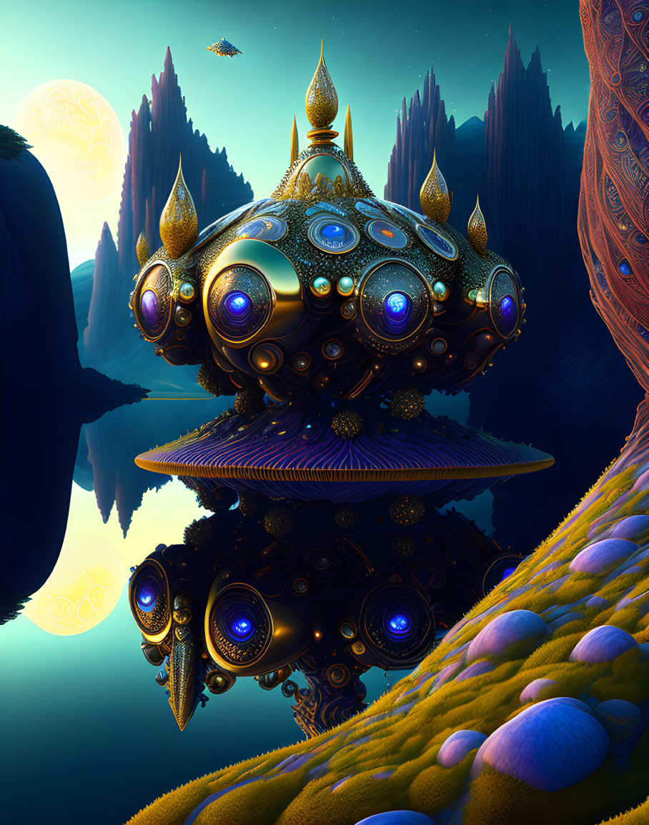 Futuristic floating structure with glowing orbs in alien landscape