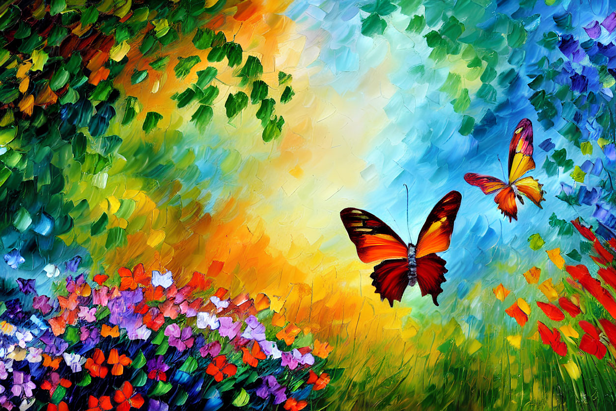 Vibrant impressionist painting of a garden with butterflies and colorful flowers