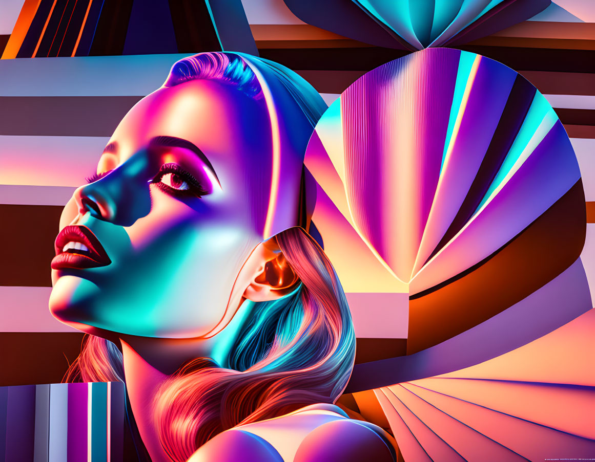 Colorful digital portrait with neon lighting and geometric patterns