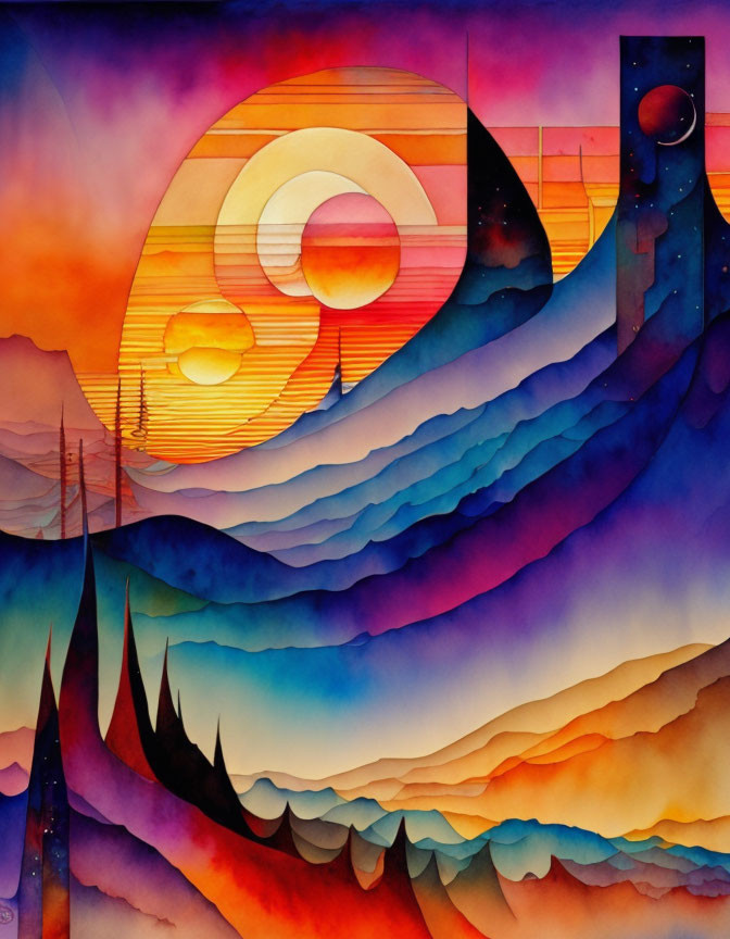 Colorful Watercolor Painting of Stylized Landscape with Waves, Mountains, and Sun