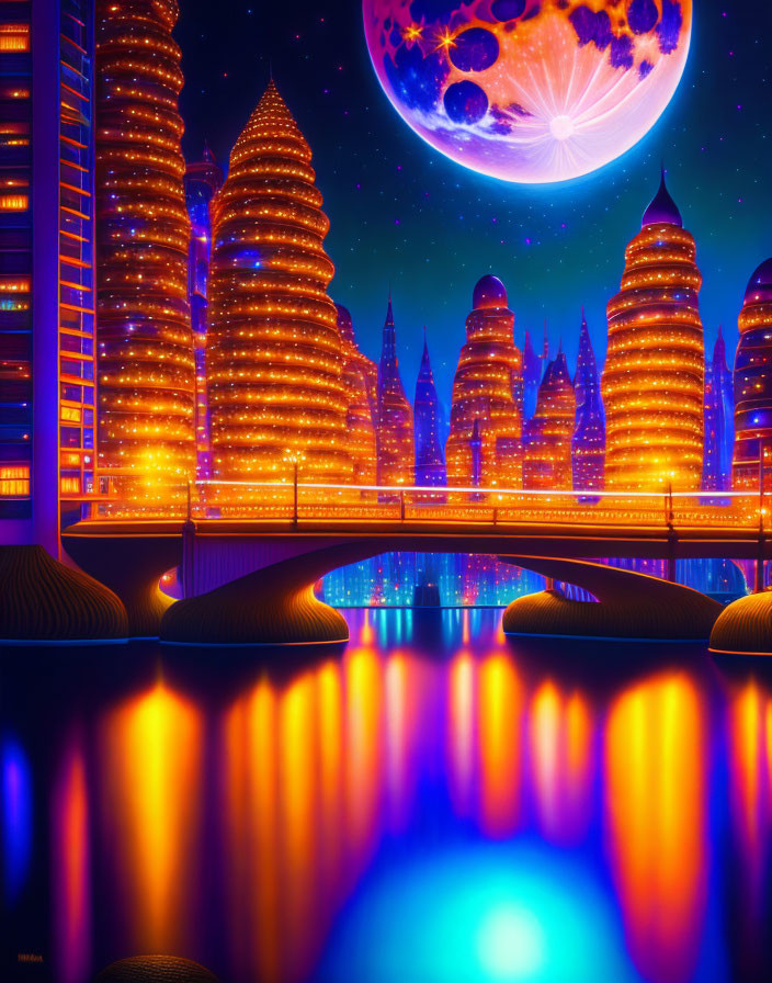 Golden skyscrapers illuminate futuristic cityscape at night with moon, stars, and water reflections