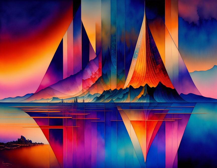 Colorful Abstract Artwork: Stylized Mountain Peaks in Blue, Purple, Orange, and Red