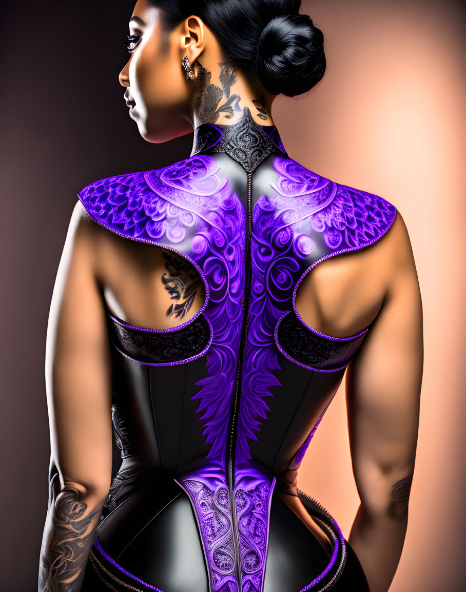 Digital portrait of woman with intricate tattoos and corset