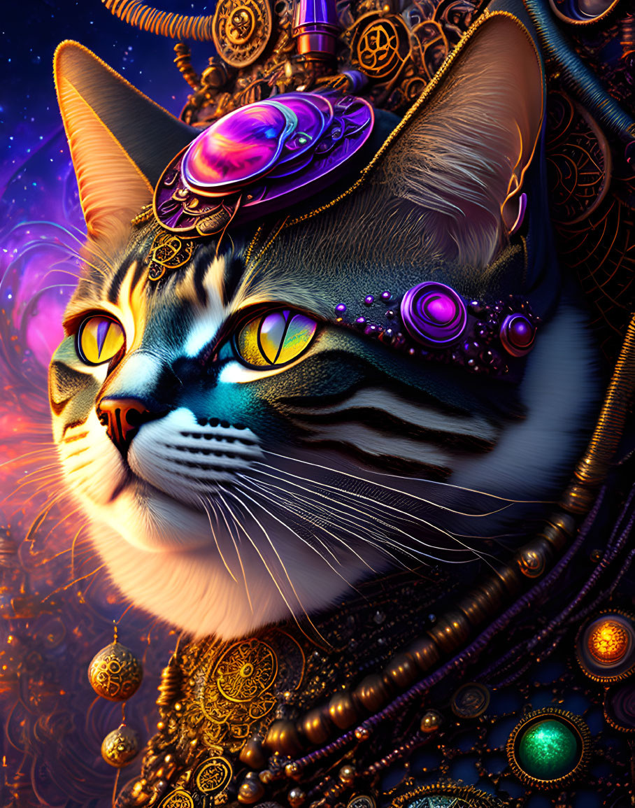 Majestic cat with golden jewelry in cosmic setting