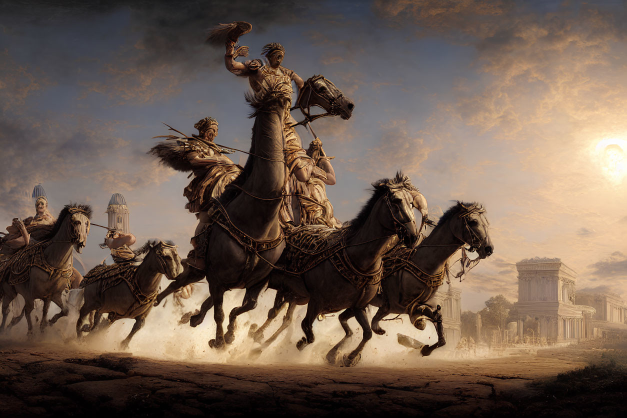 Group of Riders on Horseback Charging Through Dusty Landscape with Classical Architecture and Sun Peering Through Cloud