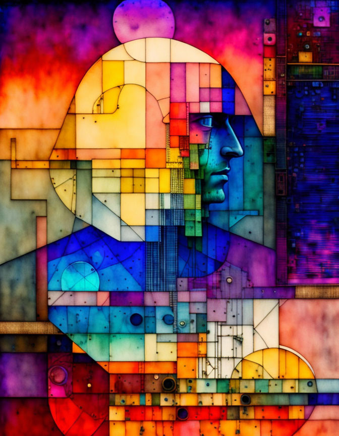 Abstract portrait with geometric patterns and stained glass effect in vibrant hues