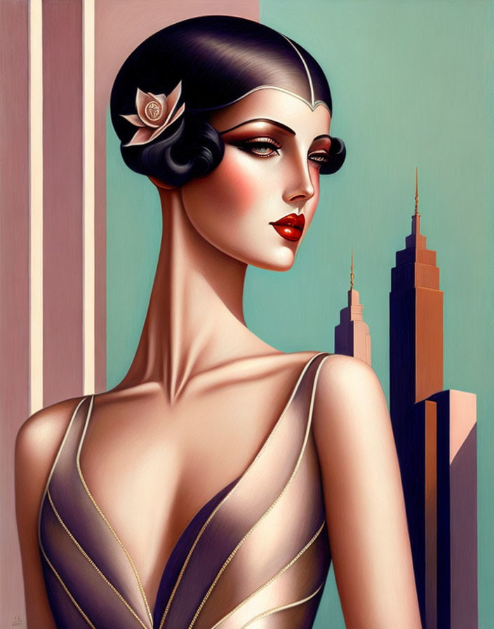 Art Deco Style Woman Illustration with 1920s Fashion & Cityscape