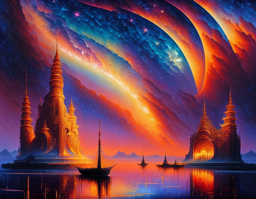 Fantasy scene with golden spired structures, traditional boat, and cosmic sky reflected in waters