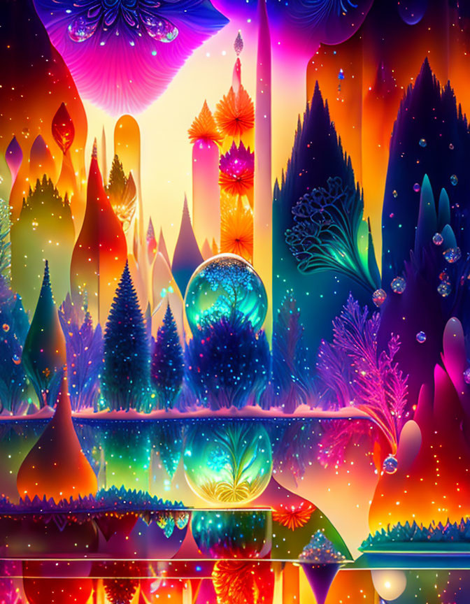 Fantastical landscape artwork with neon colors and luminescent trees