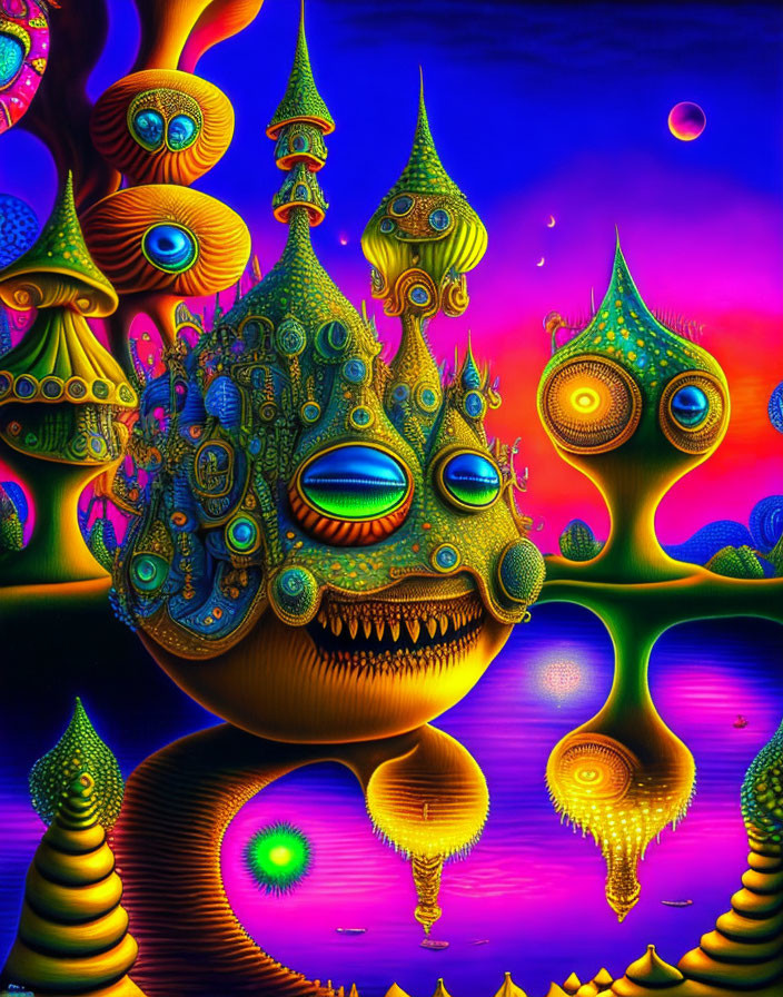 Colorful Psychedelic Landscape with Mushroom Structures and Twilight Sky