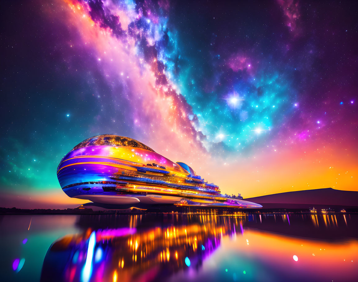 Futuristic lakeside building under vibrant starry night sky