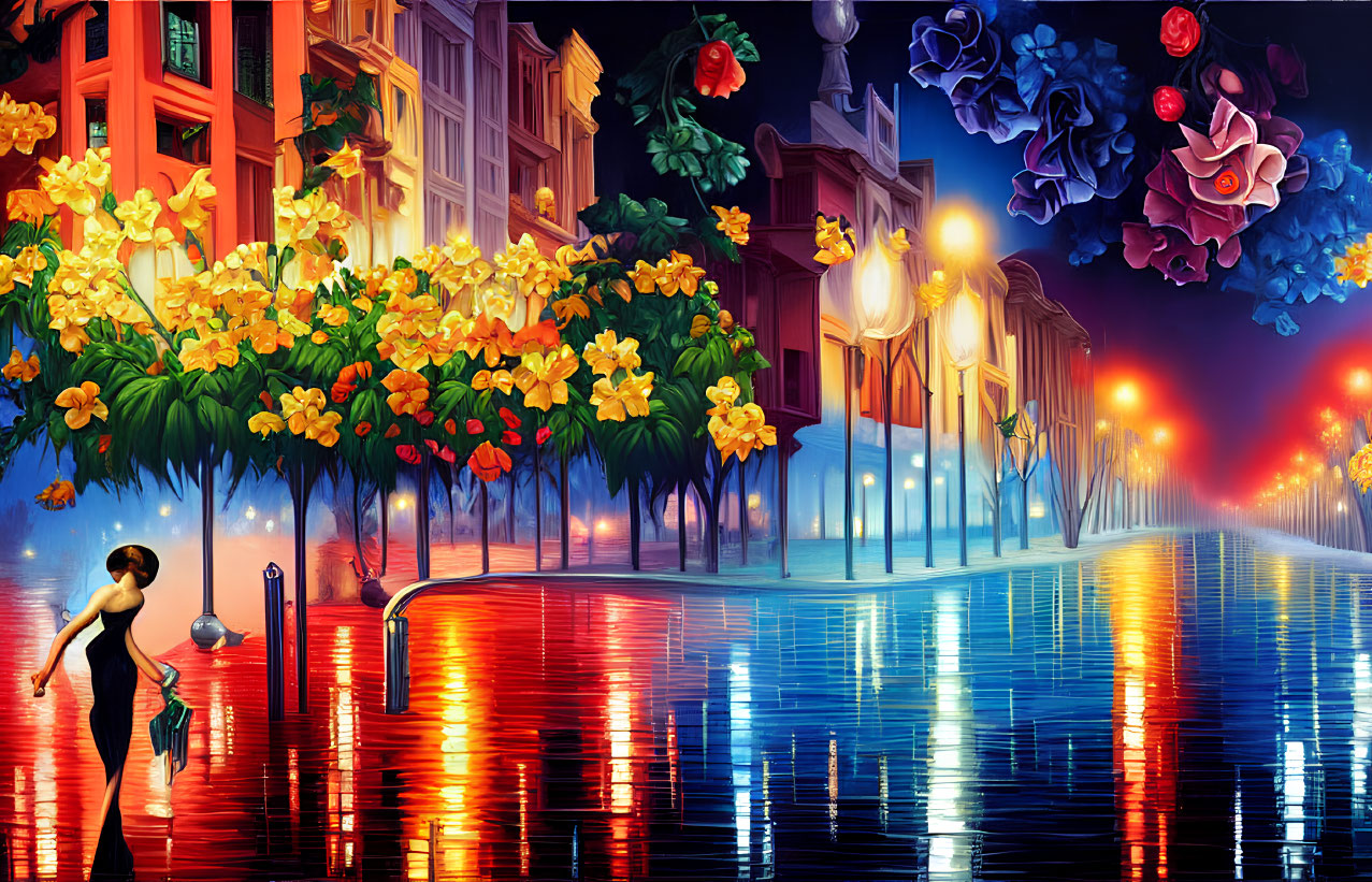 Colorful Night Streetscape with Woman in Black Dress, Flowers, Lamps, and Water Reflections