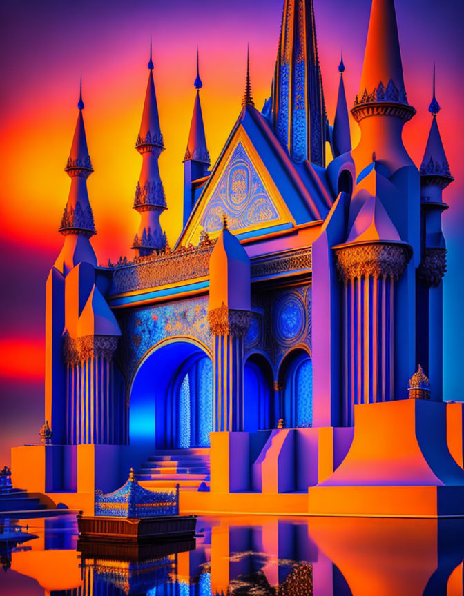 Fantasy palace with pointed spires and reflections at sunset