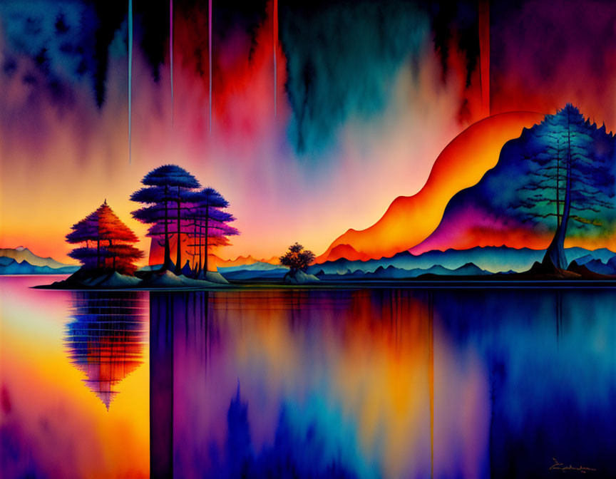 Colorful Landscape Painting with Silhouetted Trees and Serene Lake