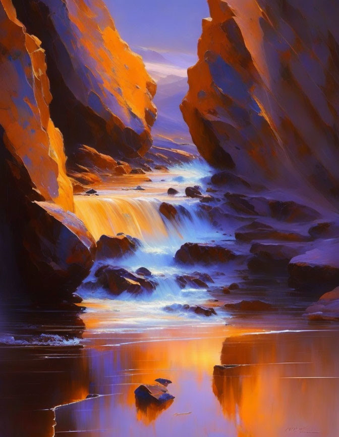 Scenic waterfall in narrow sunlit canyon with vibrant hues