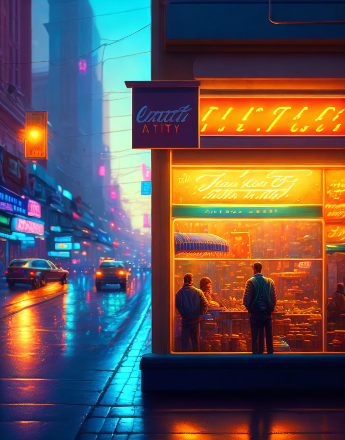 Vibrant neon-lit street scene with glowing cafe and passing cars at dusk