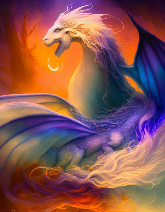 Majestic fantasy dragon with white fur and glowing eyes on fiery purple backdrop