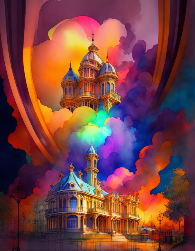 Fantastical digital artwork: Vibrant buildings in dreamy sky