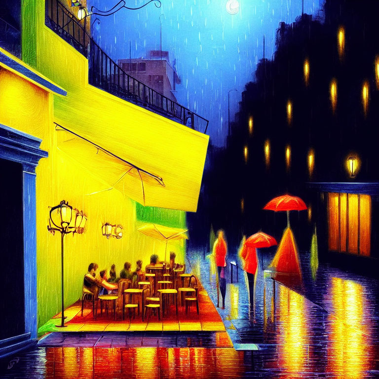 Vibrant artwork of rainy evening street scene with people at cafe under awning.