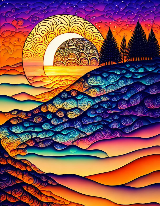 Colorful artwork: stylized waves, layered sunset, pine trees, decorative sky