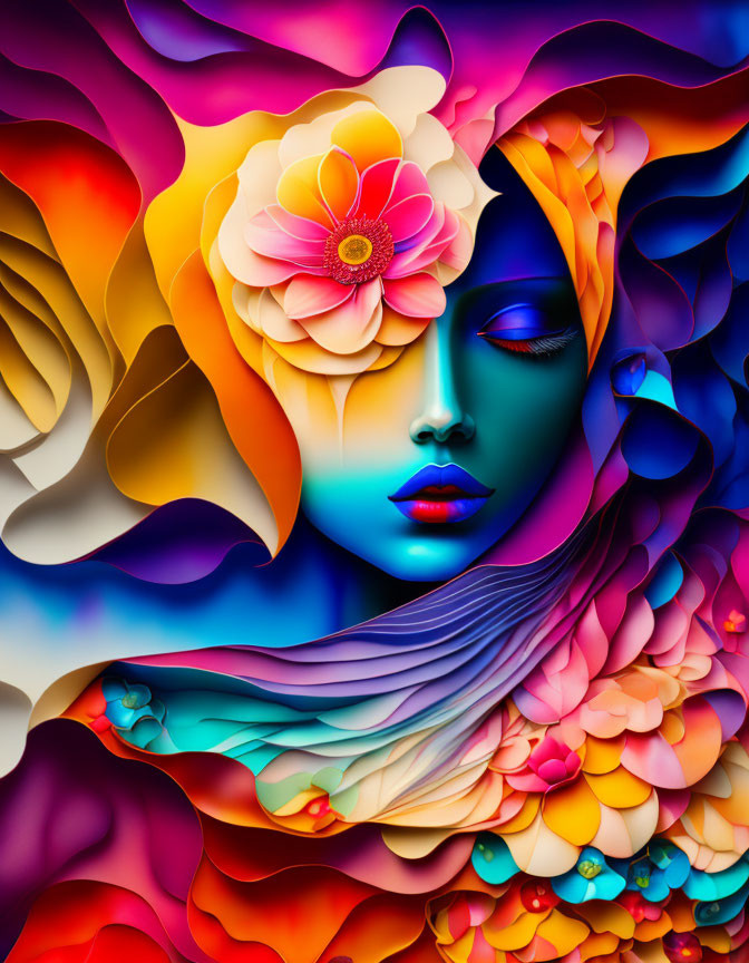 Colorful digital artwork: woman's face with psychedelic colors and floral elements on abstract background