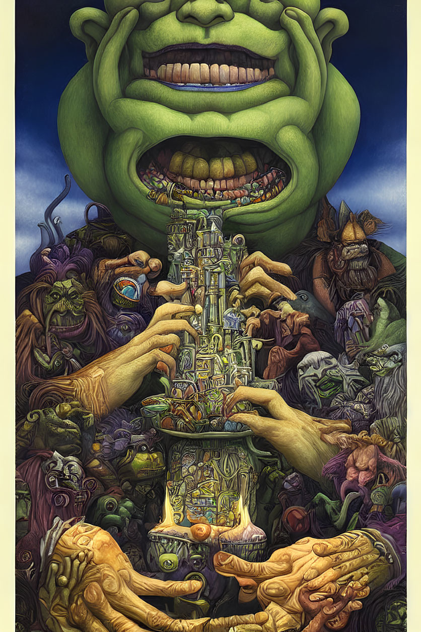 Colorful artwork: giant green face over chaotic scene with eccentric characters and intricate structure