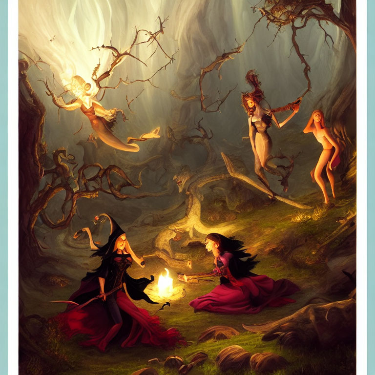 Four witches in enchanted forest casting spells and flying among ethereal spirits