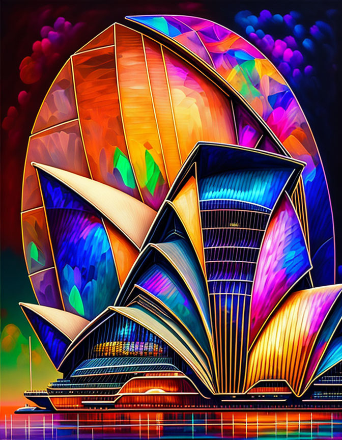 Colorful Geometric Sydney Opera House Illustration with Fireworks & Sunset Sky