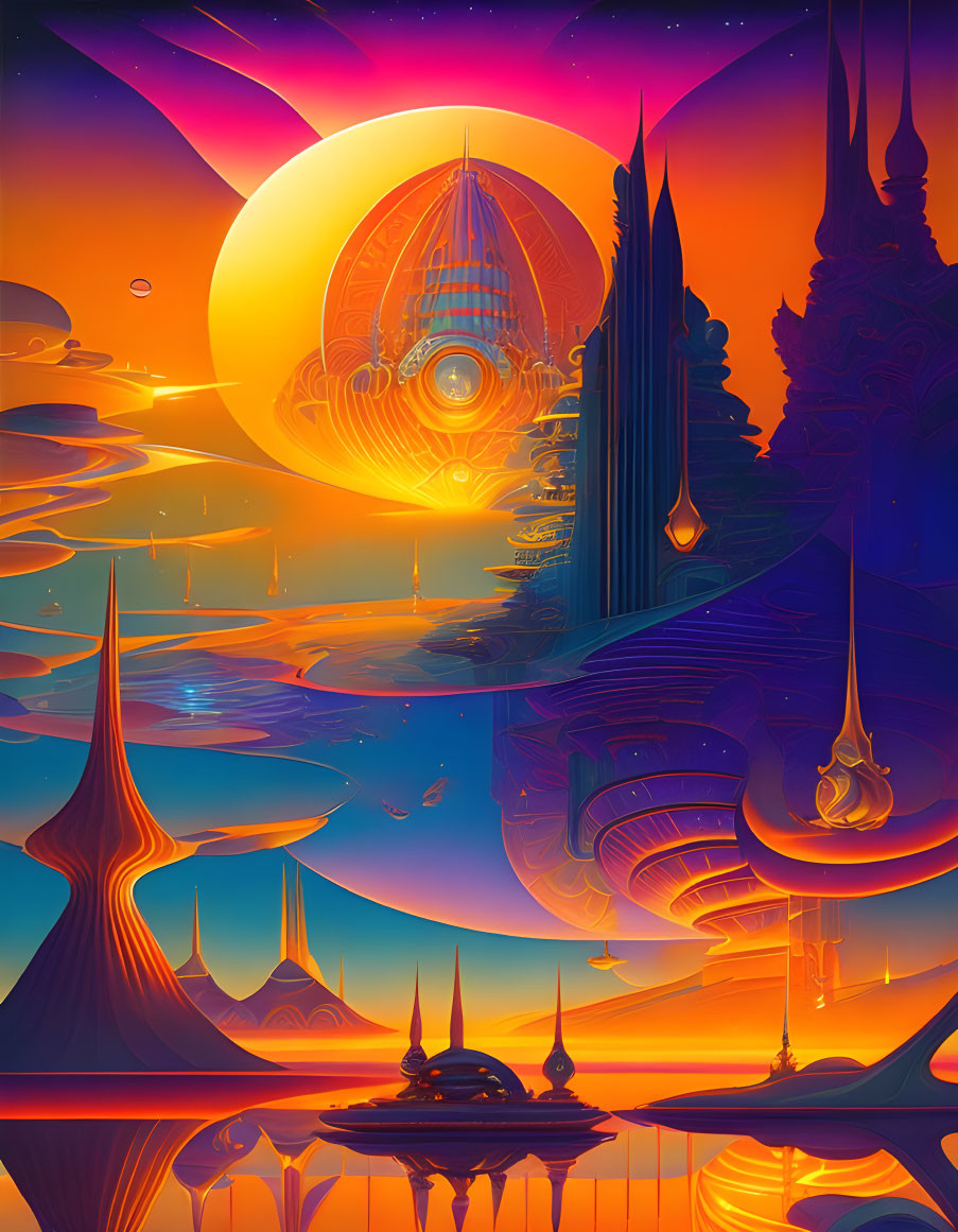 Futuristic cityscape with towering spires and floating structures