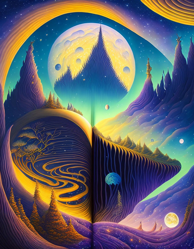 Surreal illustration of open book transforming into vibrant landscape